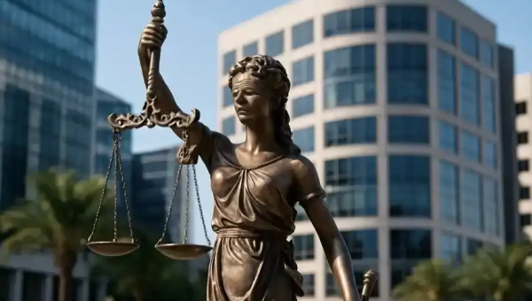 Symbolbild zur Africa Credit Rating Agency in Mauritius mit Justitia-Statue und modernen Bürogebäuden im Hintergrund.